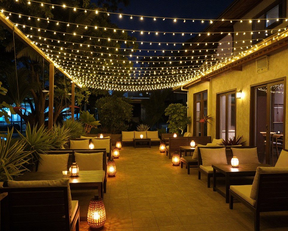 cozy patio with string lights and lanterns