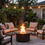 cozy small backyard fire pit with seating area at dusk
