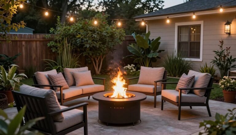cozy small backyard fire pit with seating area at dusk