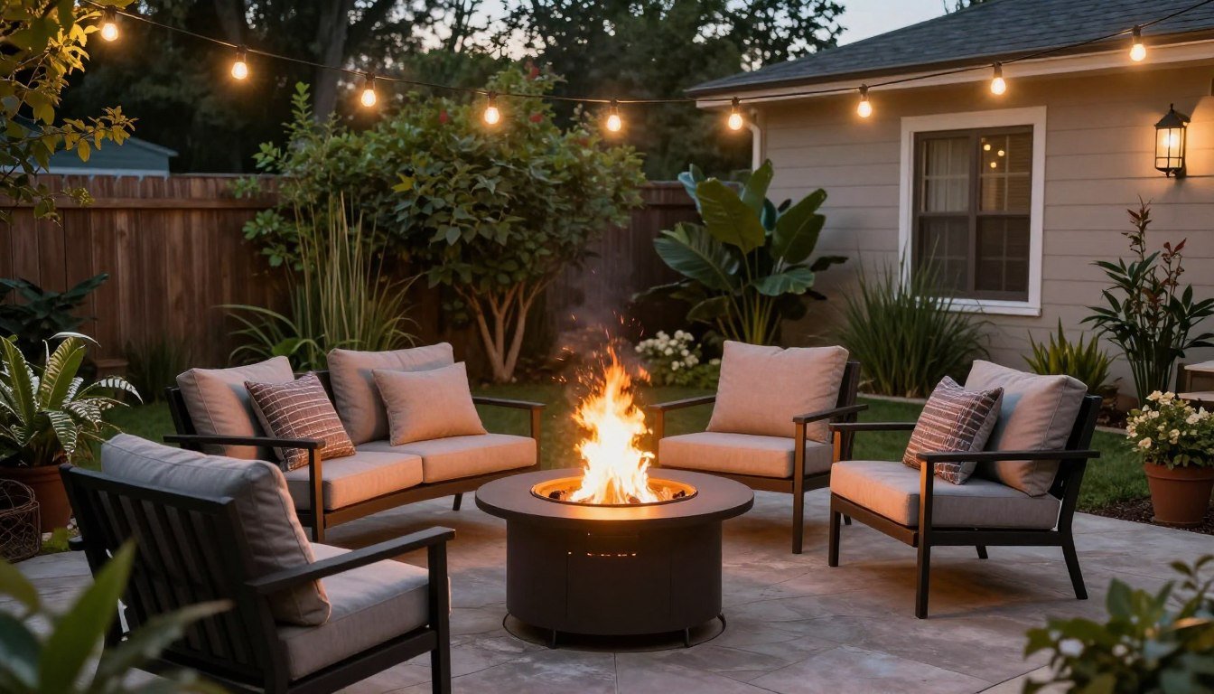 cozy small backyard fire pit with seating area at dusk