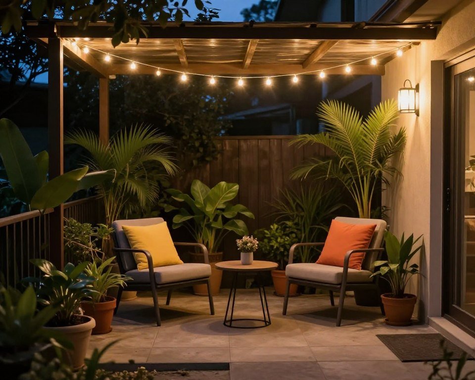cozy small patio with string lights and compact seating area