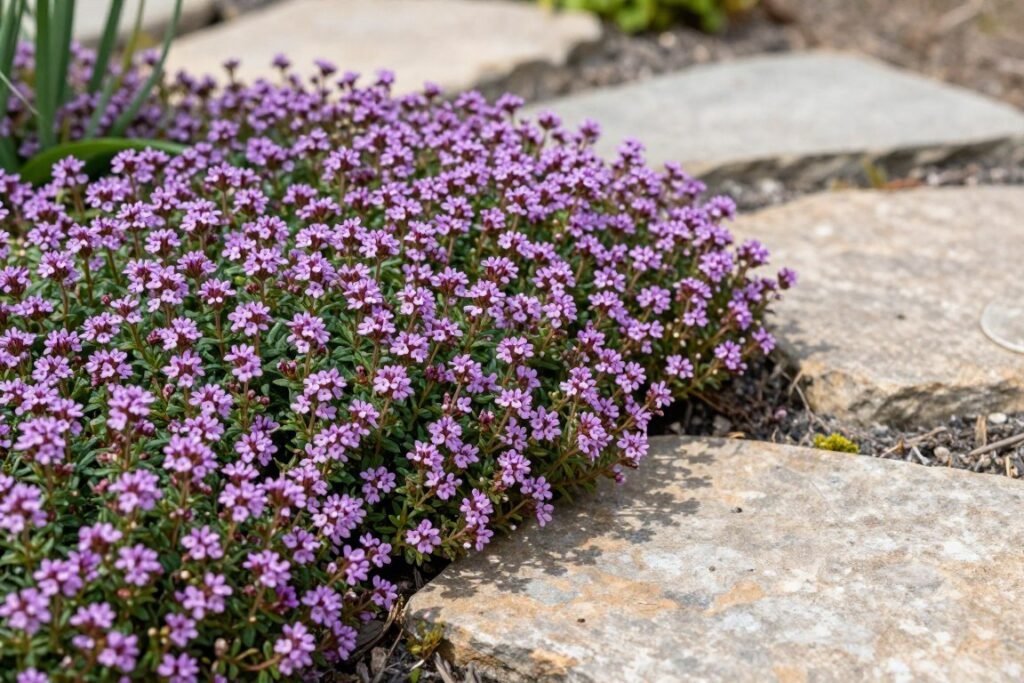 creeping thyme groundcover between stepping stones with purple flowers