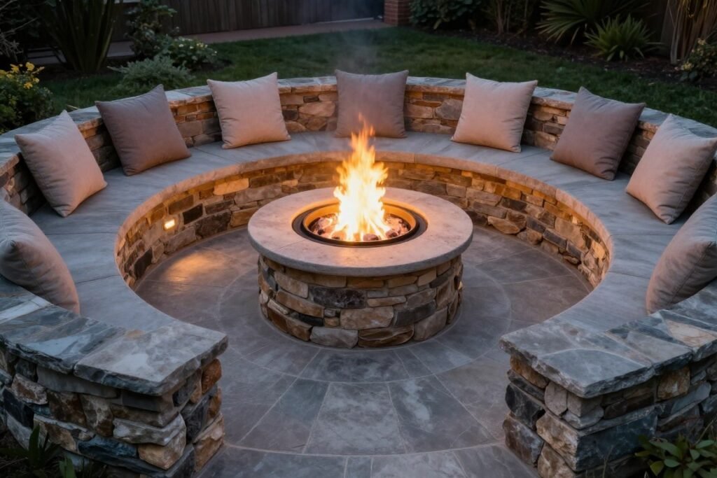 curved built-in bench surrounding circular fire pit