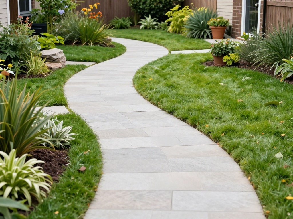 curved pathway through backyard garden