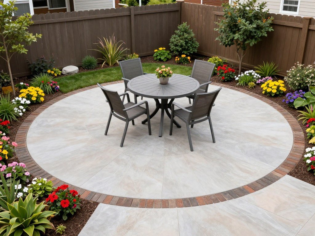 curved paver patio with dining furniture in compact backyard space