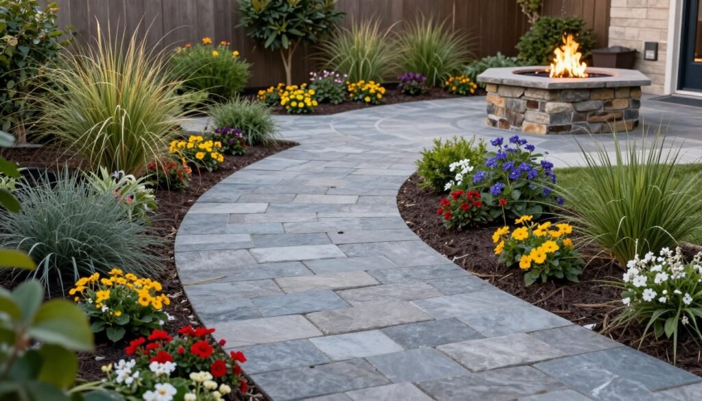 curved stone pathway connecting different zones in small backyard garden