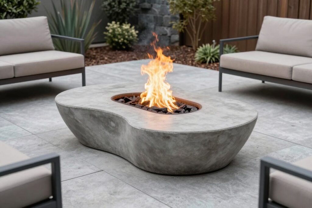 custom poured concrete fire pit with organic shape