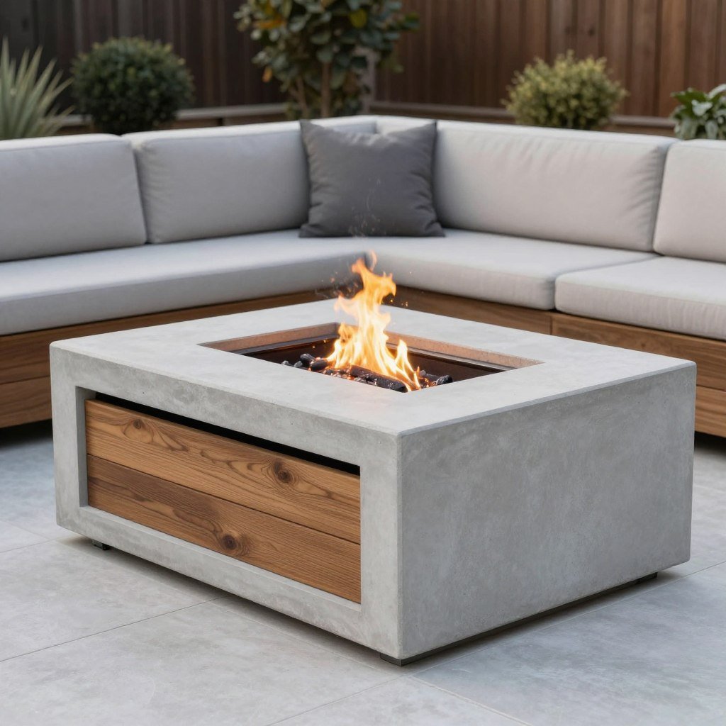 custom poured concrete fire pit with wood storage