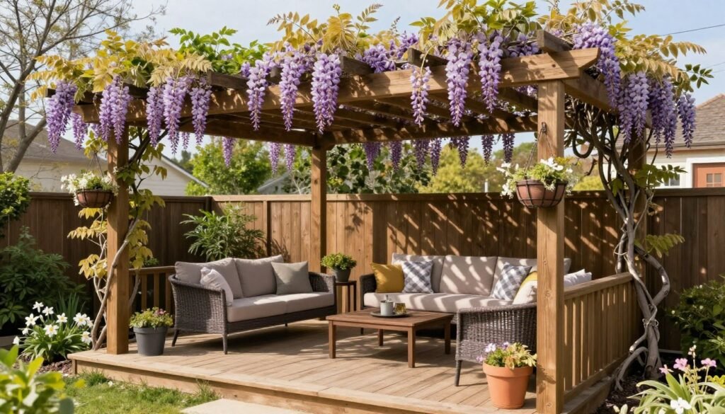 deck with integrated pergola and climbing plants providing shade