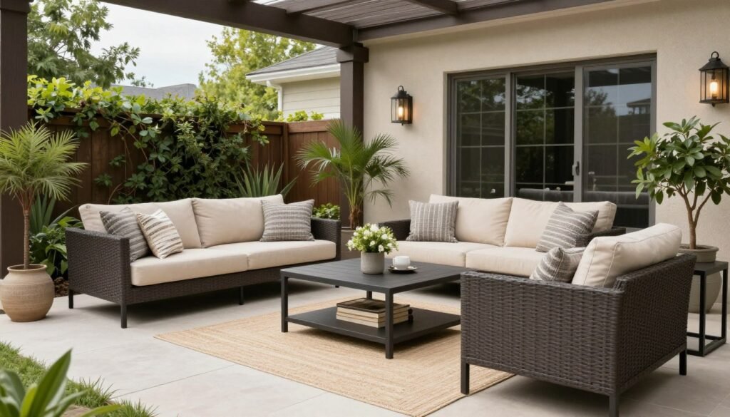 decorated patio area with outdoor furniture