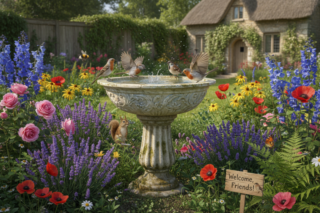 decorative bird bath with birds drinking water in garden