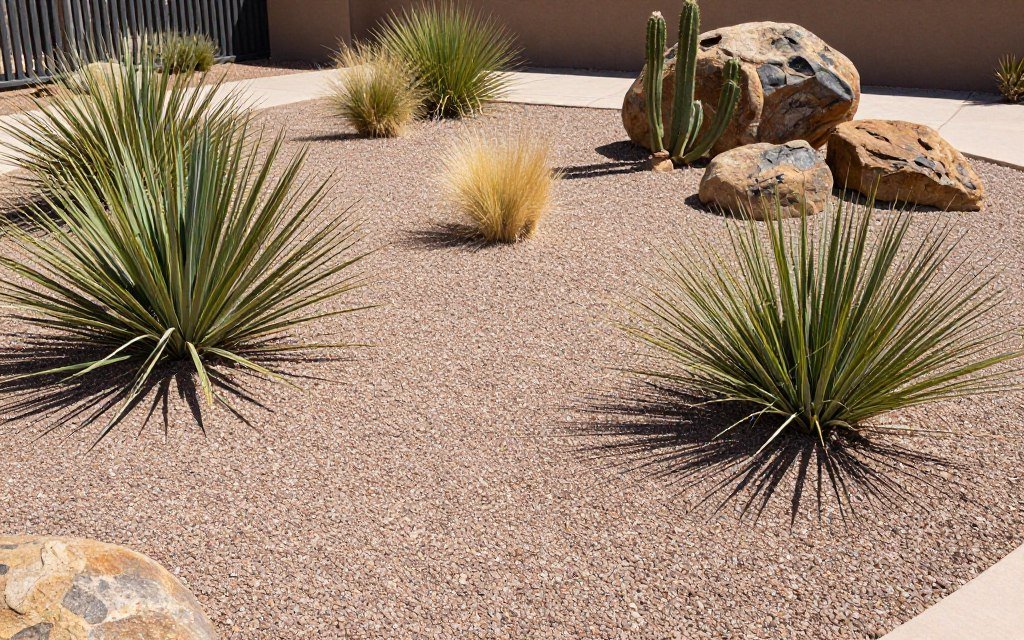 decorative gravel rock garden with drought-tolerant plants and boulders
