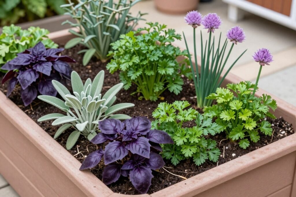 decorative herb garden in raised bed near backyard patio