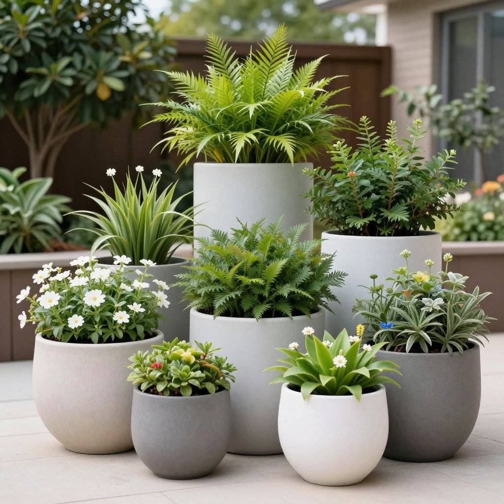 decorative planters with lush greenery in backyard