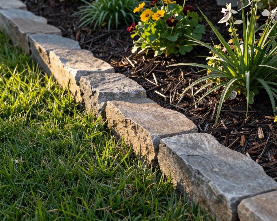 decorative stone border edging around flower garden bed with mulch