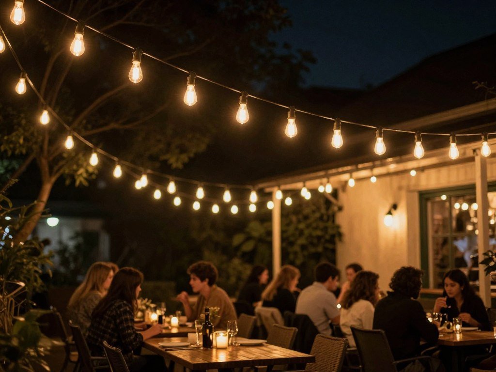 decorative string lights hung over outdoor dining patio area