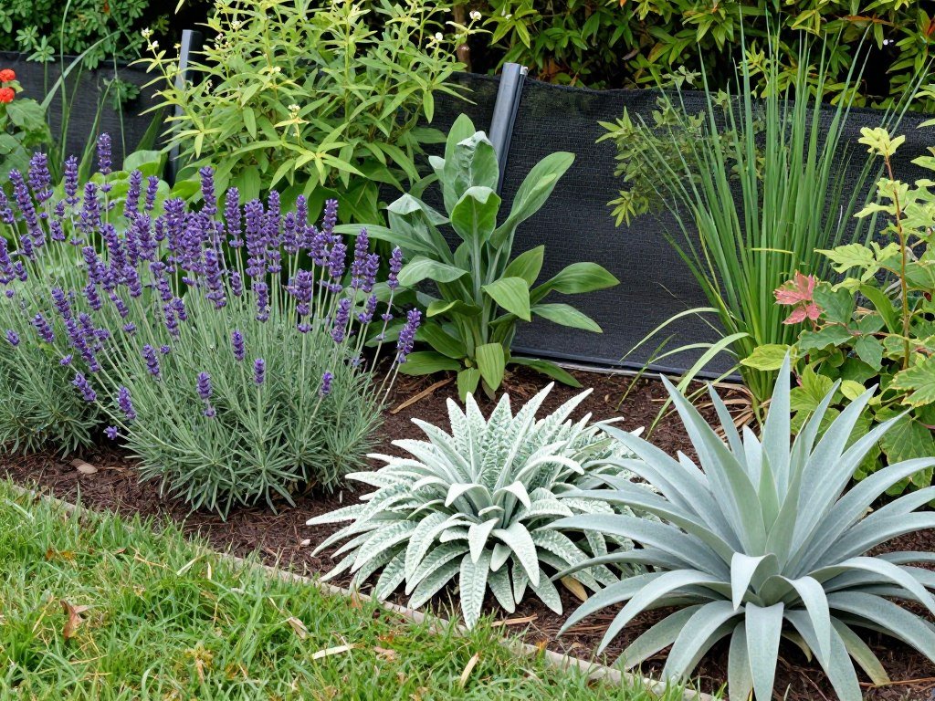 deer-resistant plants in garden bed with protective fencing in background