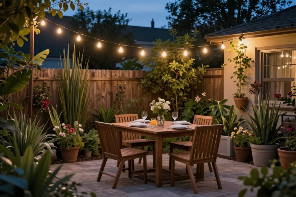 defined outdoor dining zone in small backyard with string lights overhead