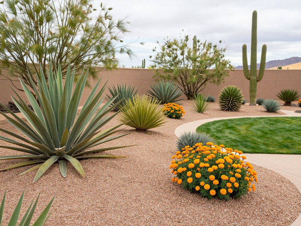 desert xeriscaping with drought-tolerant plants, gravel, and minimal lawn