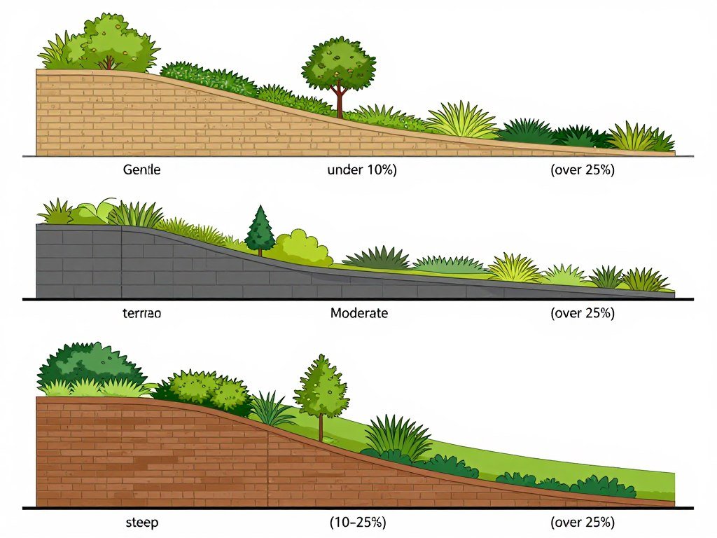 diagram showing different slope grades and appropriate landscaping methods for sloped backyard