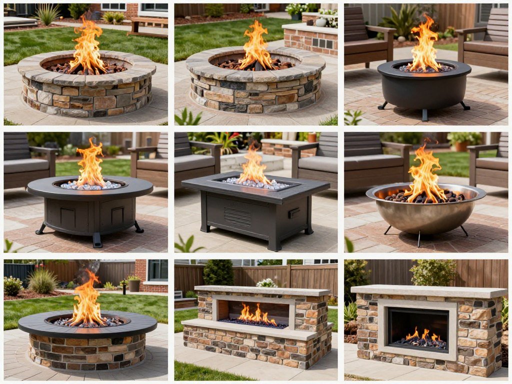 different types of fire pits including wood-burning, gas, and portable models in outdoor settings