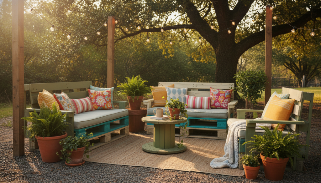 diy backyard seating area with repurposed pallet furniture and colorful cushions