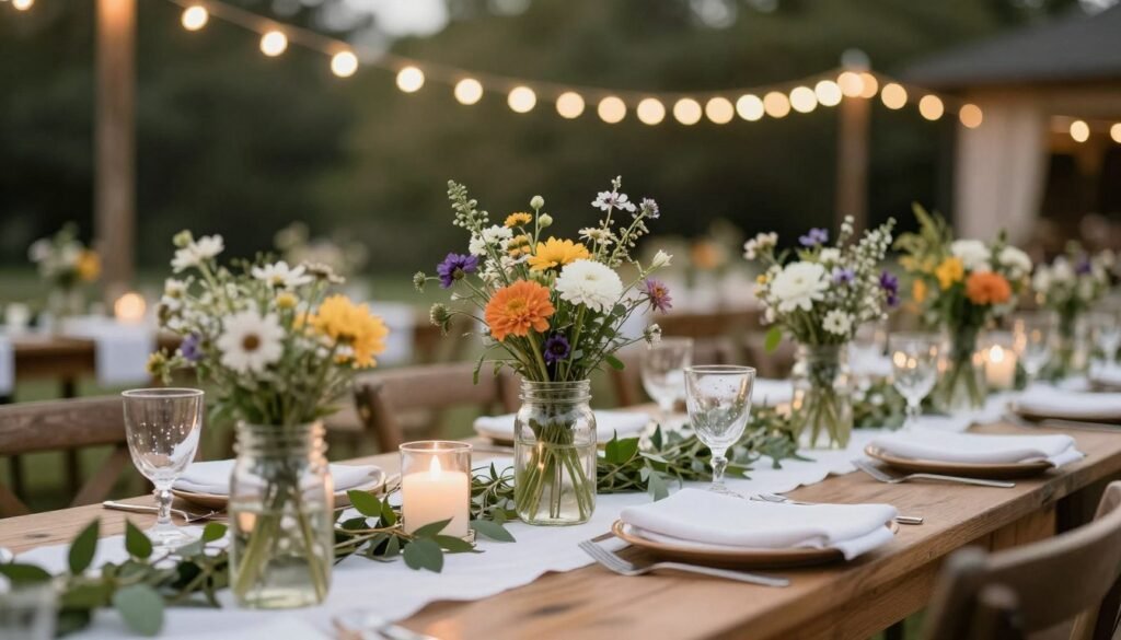 diy backyard wedding decorations with mason jars and wildflowers