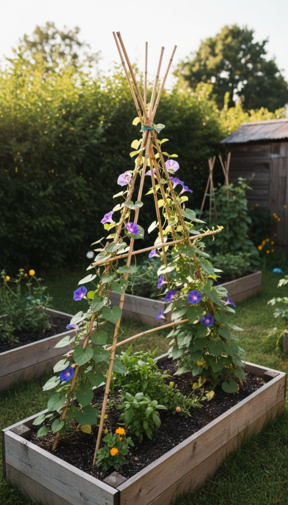 diy bamboo trellis with climbing flowers in garden
