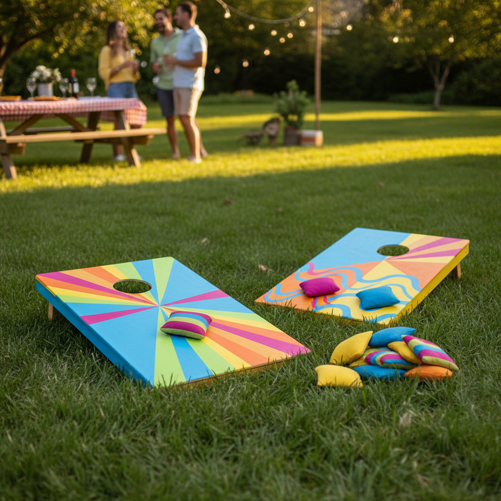 diy cornhole boards painted in bright colors on lawn