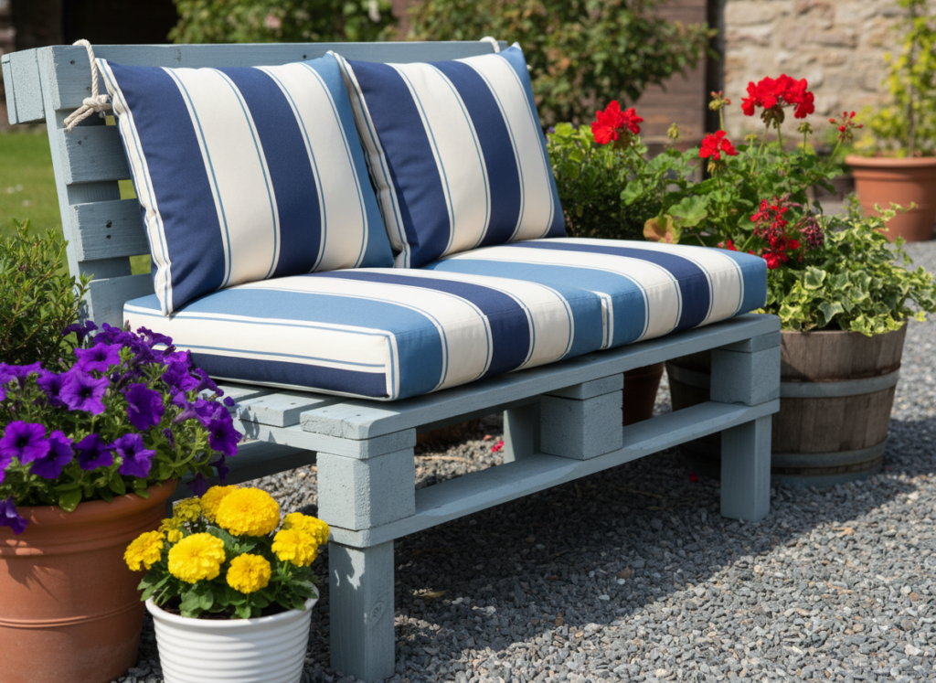 diy pallet bench with painted wood and outdoor cushions
