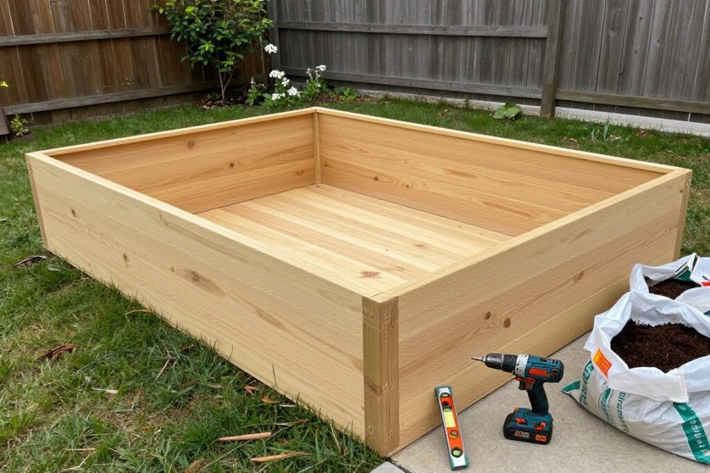 diy raised garden bed construction in small backyard with tools visible