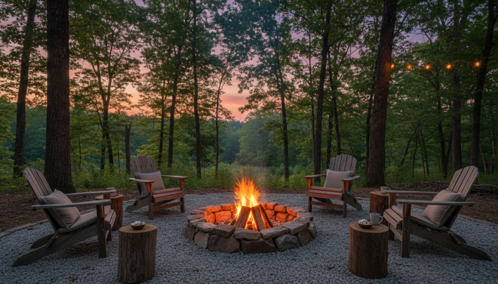 diy stone fire pit with seating area at dusk
