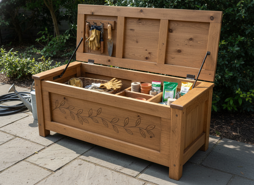 diy wooden storage bench with open lid showing garden tools inside