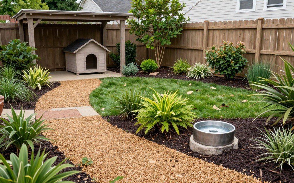 dog-friendly backyard with designated path, shade area, and durable plants