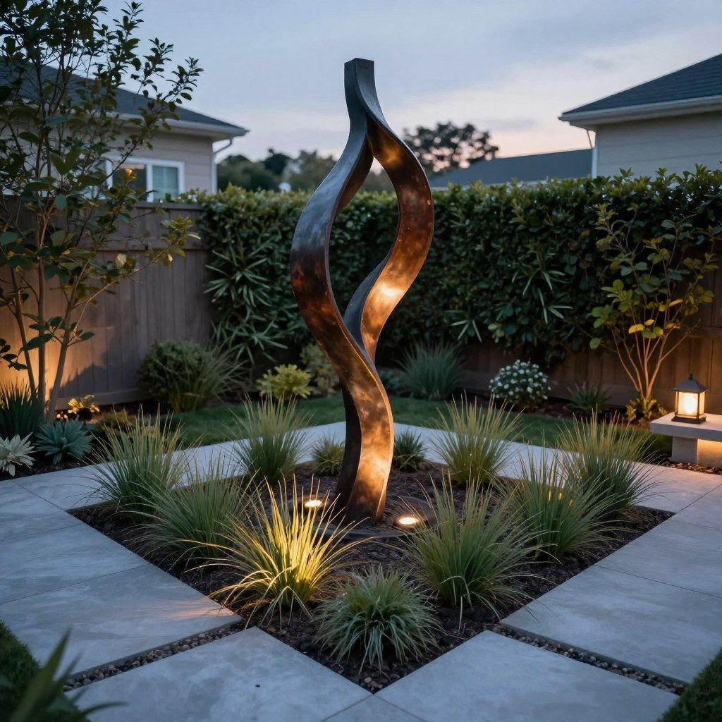 dramatic focal point sculpture in small backyard garden setting