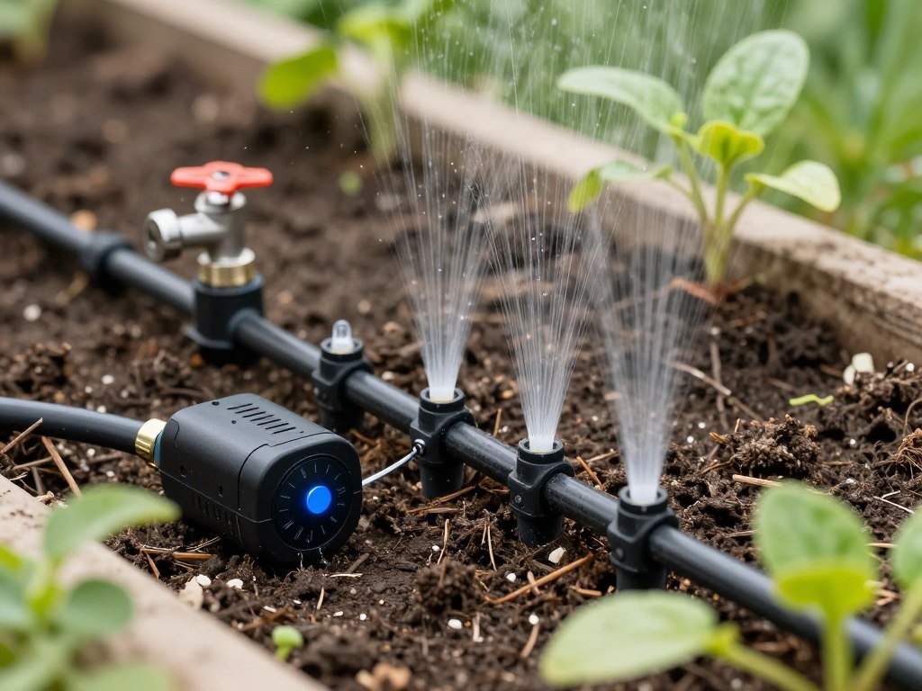 drip irrigation system installed in garden bed with timer control