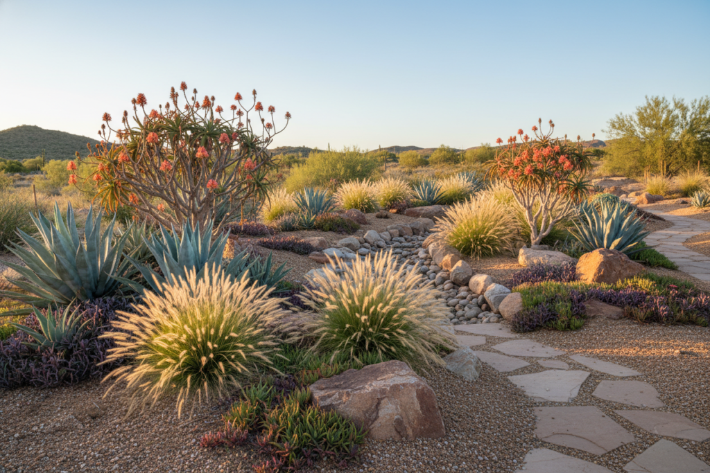 drought tolerant garden with succulents ornamental grasses and rocks