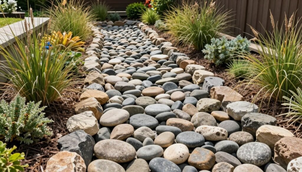dry creek bed drainage feature in sloped backyard landscape design