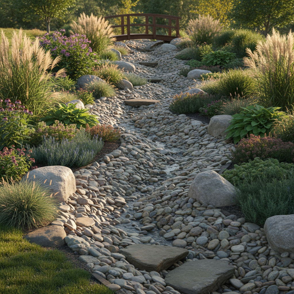 dry creek bed landscape feature with river rocks