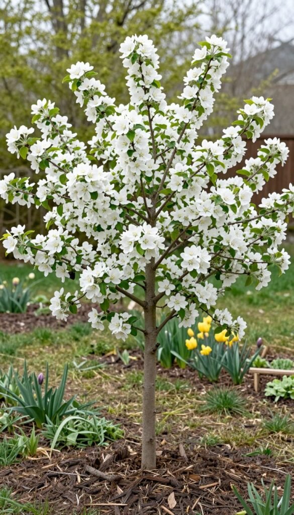 dwarf fruit tree with blossoms in small backyard garden bed