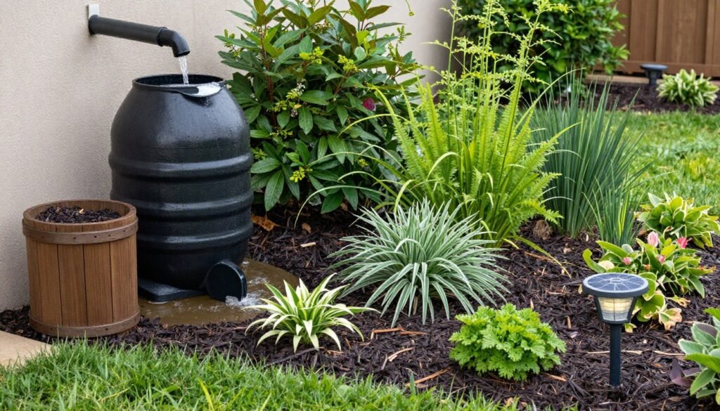 eco-friendly sustainable garden with rain barrel, compost bin, and native plants