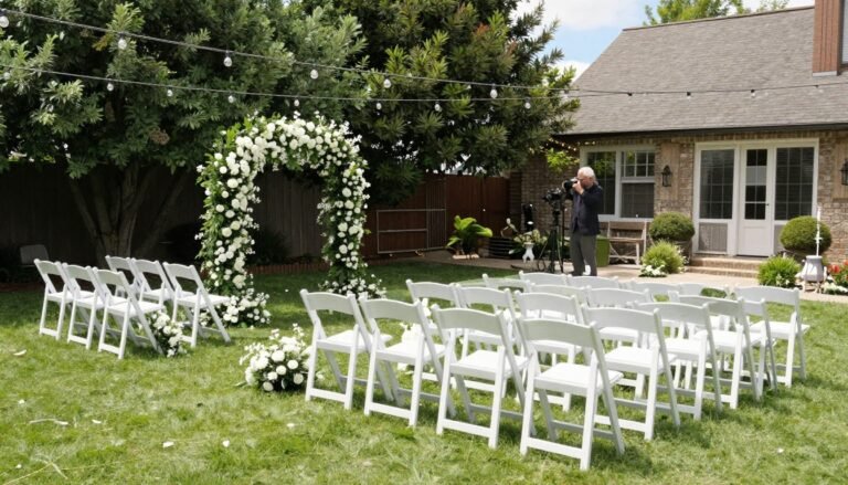 elegant backyard wedding ceremony setup with white chairs and floral arch