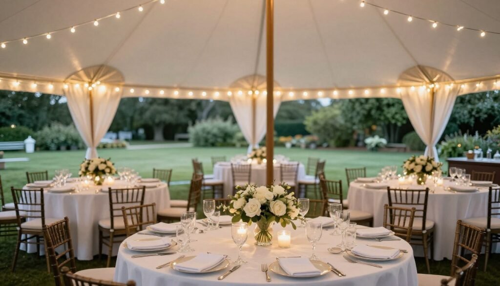 elegant backyard wedding reception setup with decorated tables