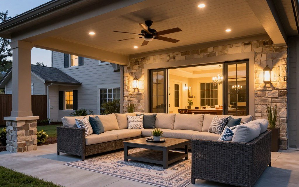elegant covered patio with outdoor living room setup