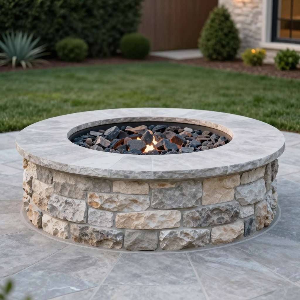 elegant cut stone fire pit with precise masonry work