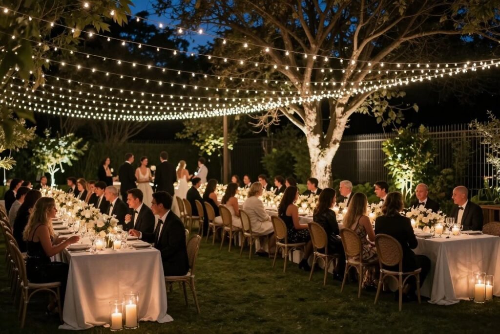 elegant evening backyard wedding reception with dramatic lighting