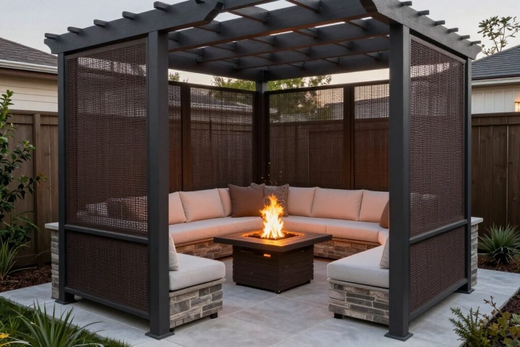 enclosed fire pit lounge area with privacy screening and overhead structure