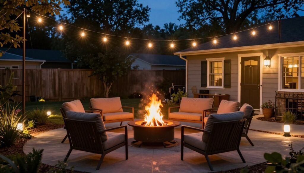 evening view of fire pit area with string lights and surrounding landscape lighting