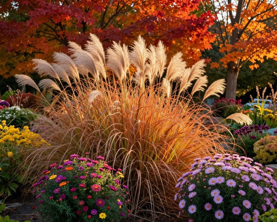 fall garden featuring ornamental grasses and late-blooming perennials with autumn colors