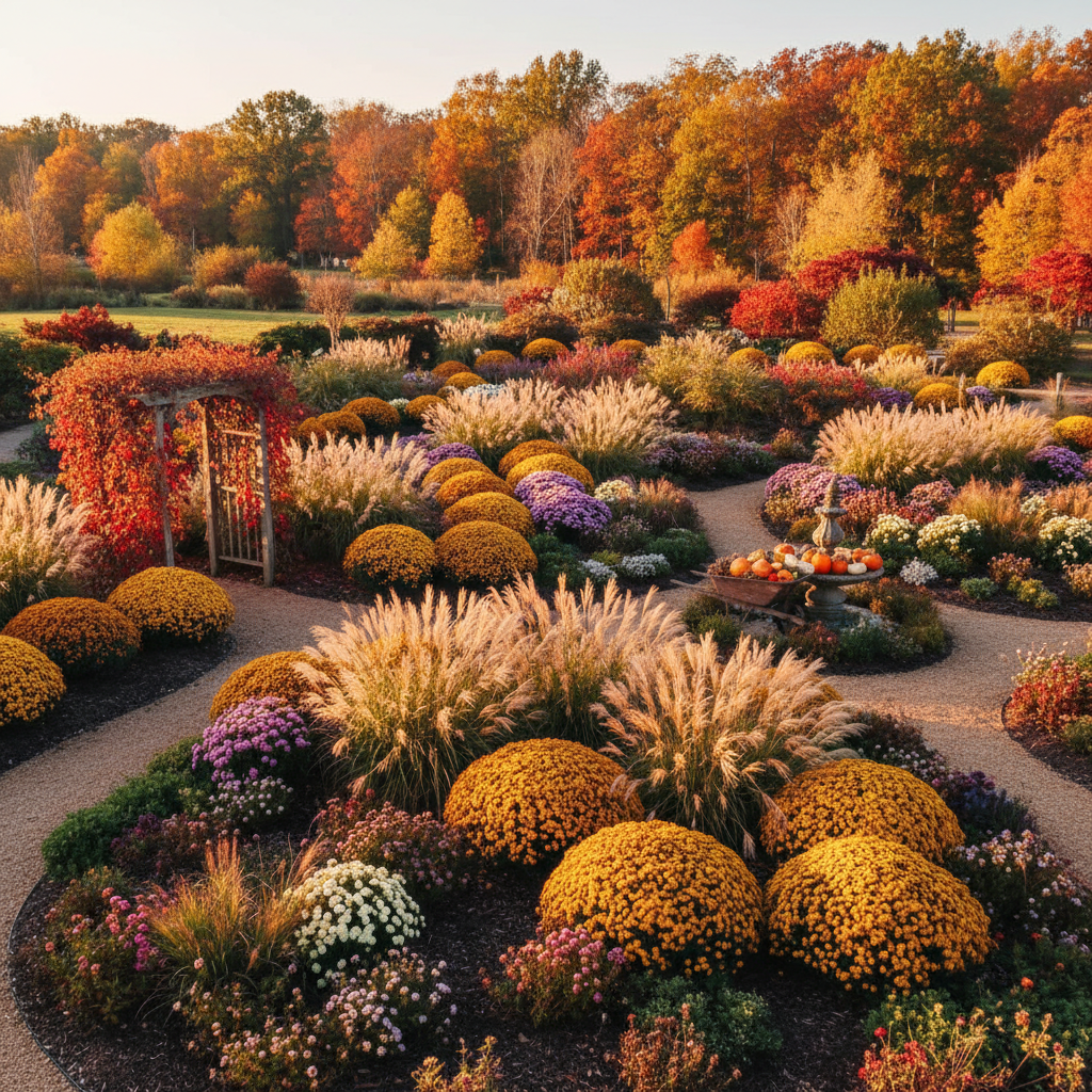 fall garden with mums ornamental grasses and autumn colors